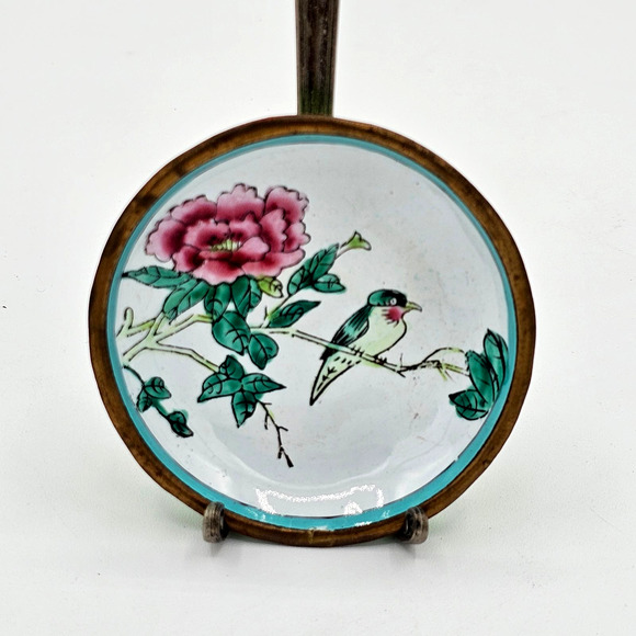 Vintage Set 3 Minature Copper Enamelware Plates 2.75" diam Floral Bird Dish - Picture 5 of 7